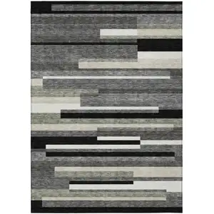 Photo of Black Charcoal And Gray Striped Washable Indoor Outdoor Area Rug
