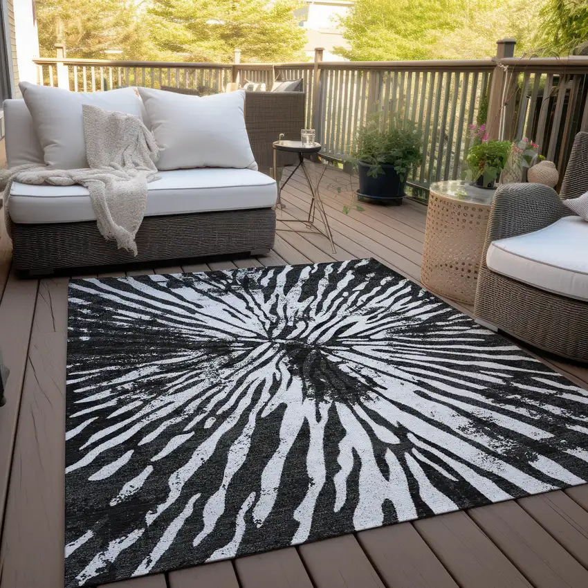 Black Charcoal And Ivory Abstract Washable Indoor Outdoor Area Rug Photo 8