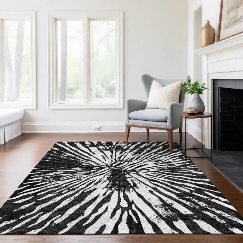 Black Charcoal And Ivory Abstract Washable Indoor Outdoor Area Rug Photo 9