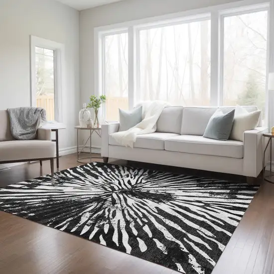 Black Charcoal And Ivory Abstract Washable Indoor Outdoor Area Rug Photo 9