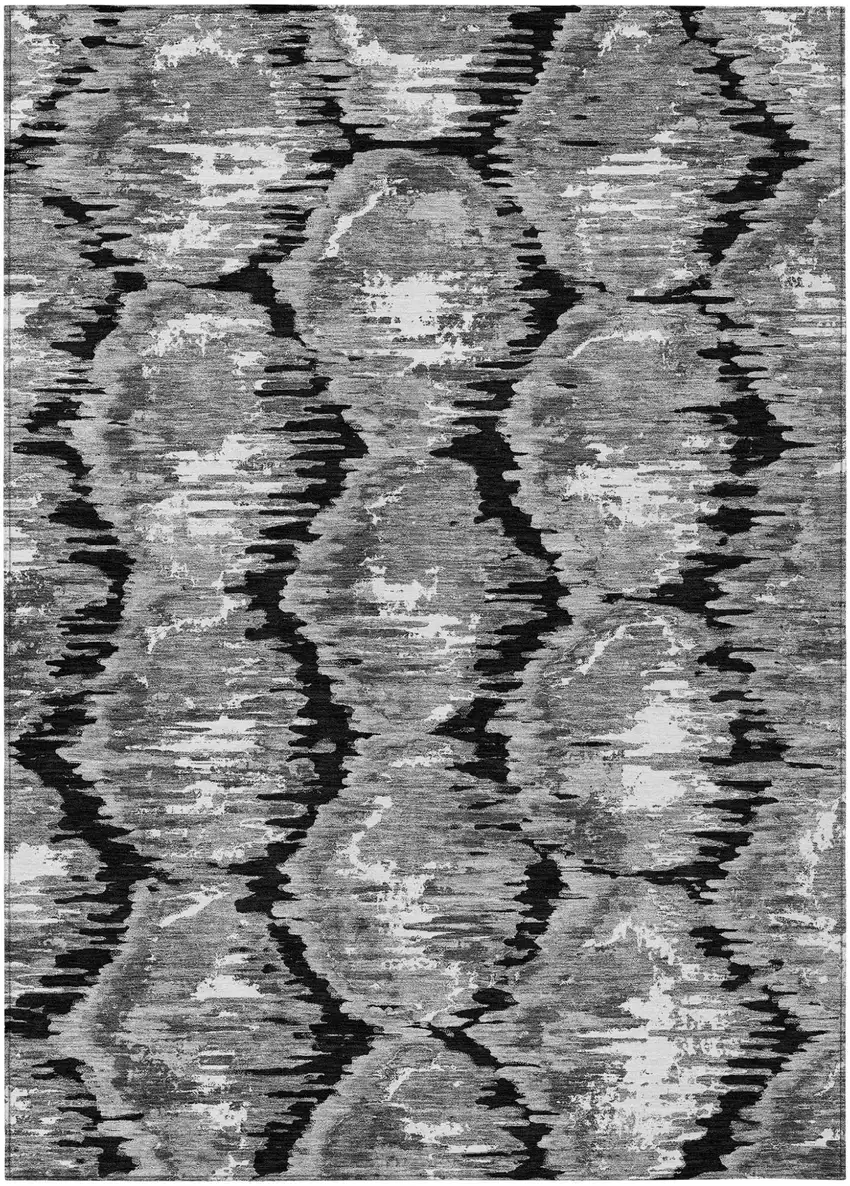 Black Charcoal And Silver Abstract Washable Indoor Outdoor Area Rug Photo 1