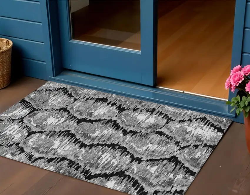 Black Charcoal And Silver Abstract Washable Indoor Outdoor Area Rug Photo 2