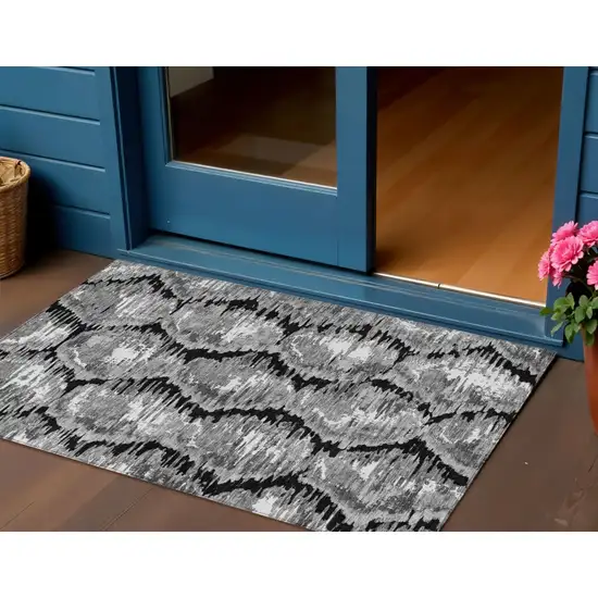Black Charcoal And Silver Abstract Washable Indoor Outdoor Area Rug Photo 2