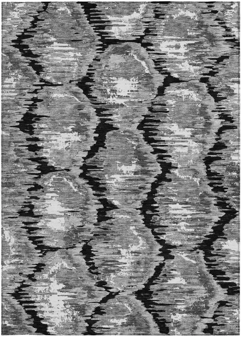 Black Charcoal And Silver Abstract Washable Indoor Outdoor Area Rug Photo 4
