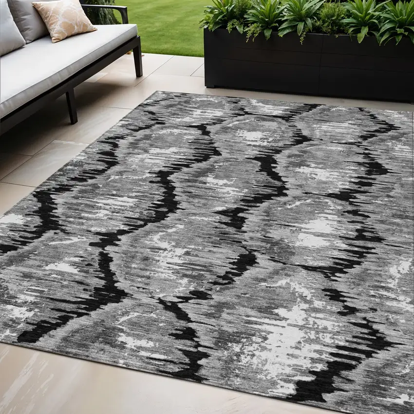 Black Charcoal And Silver Abstract Washable Indoor Outdoor Area Rug Photo 1