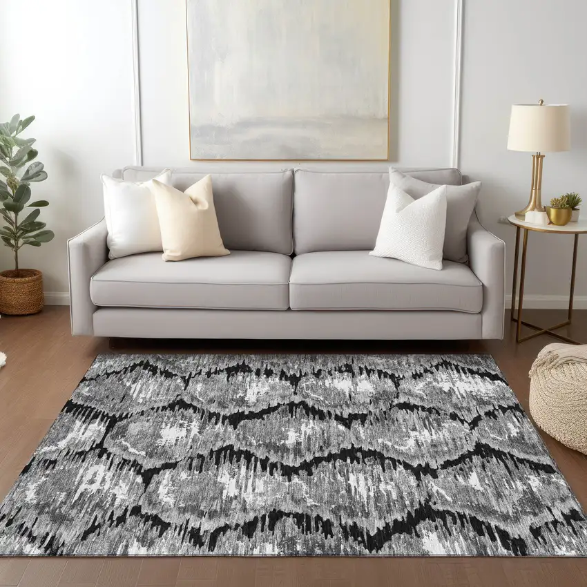 Black Charcoal And Silver Abstract Washable Indoor Outdoor Area Rug Photo 8