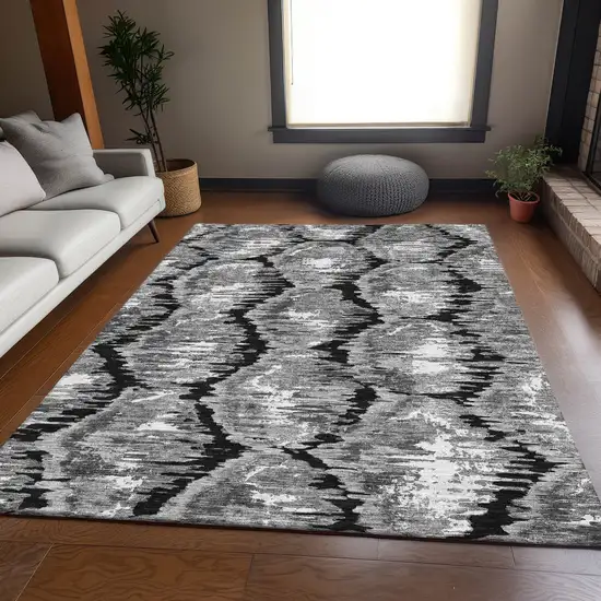 Black Charcoal And Silver Abstract Washable Indoor Outdoor Area Rug Photo 7