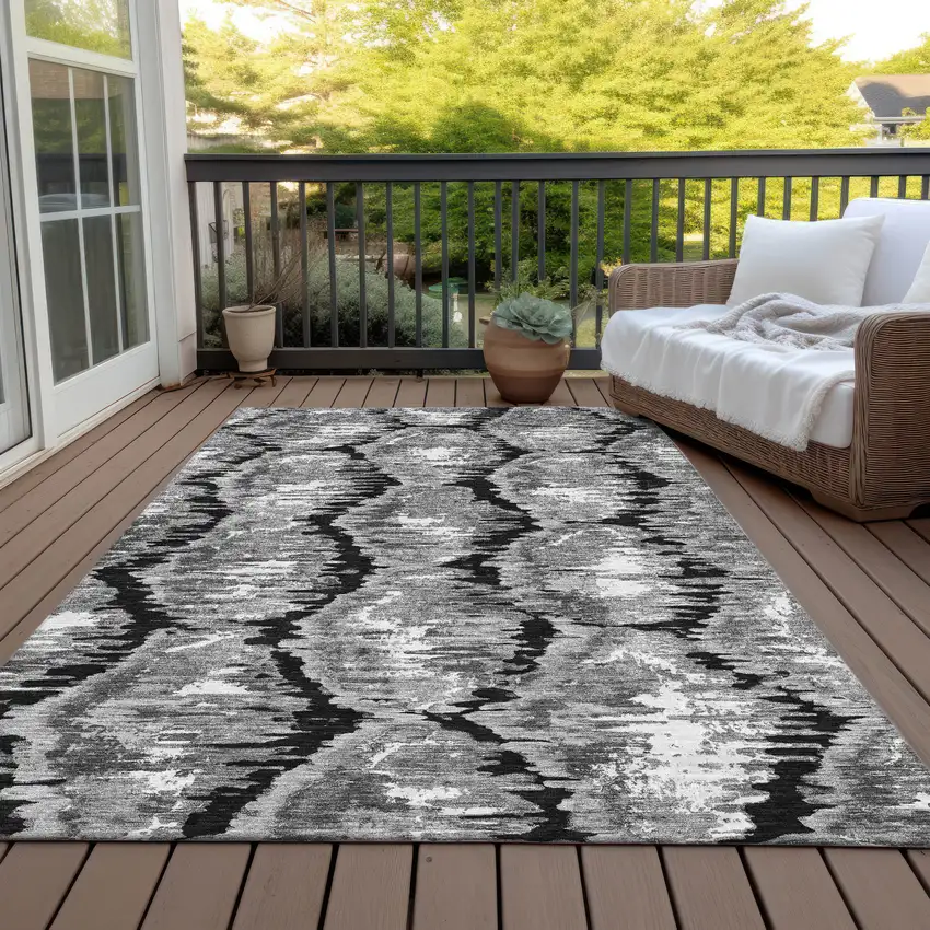 Black Charcoal And Silver Abstract Washable Indoor Outdoor Area Rug Photo 6