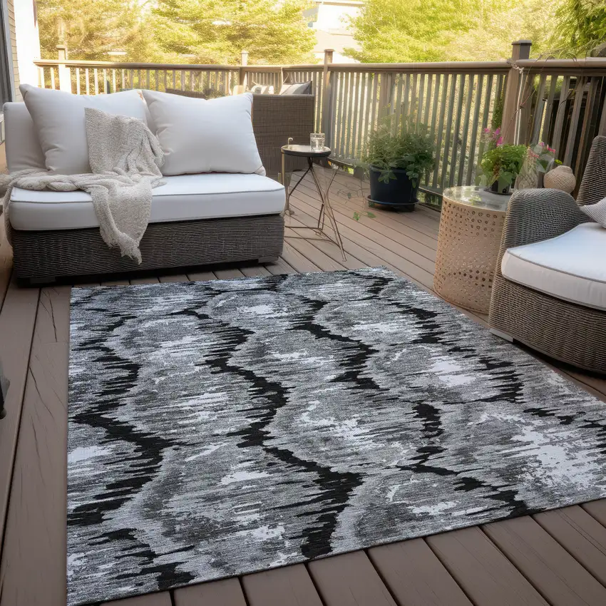 Black Charcoal And Silver Abstract Washable Indoor Outdoor Area Rug Photo 9