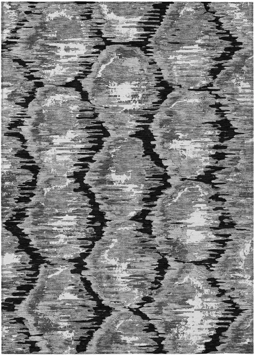 Black Charcoal And Silver Abstract Washable Indoor Outdoor Area Rug Photo 1