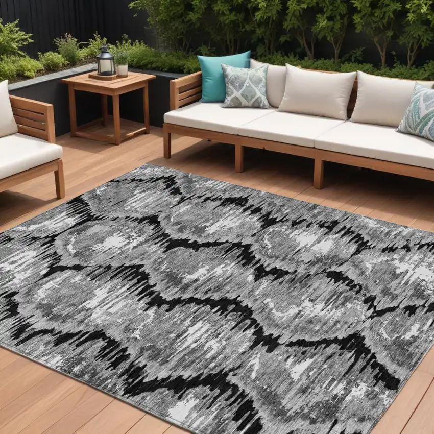 Black Charcoal And Silver Abstract Washable Indoor Outdoor Area Rug Photo 1