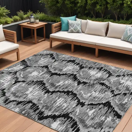 Black Charcoal And Silver Abstract Washable Indoor Outdoor Area Rug Photo 1