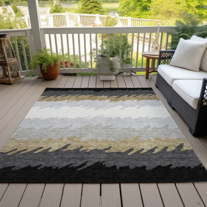 Black Charcoal And Silver Striped Washable Indoor Outdoor Area Rug Photo 6