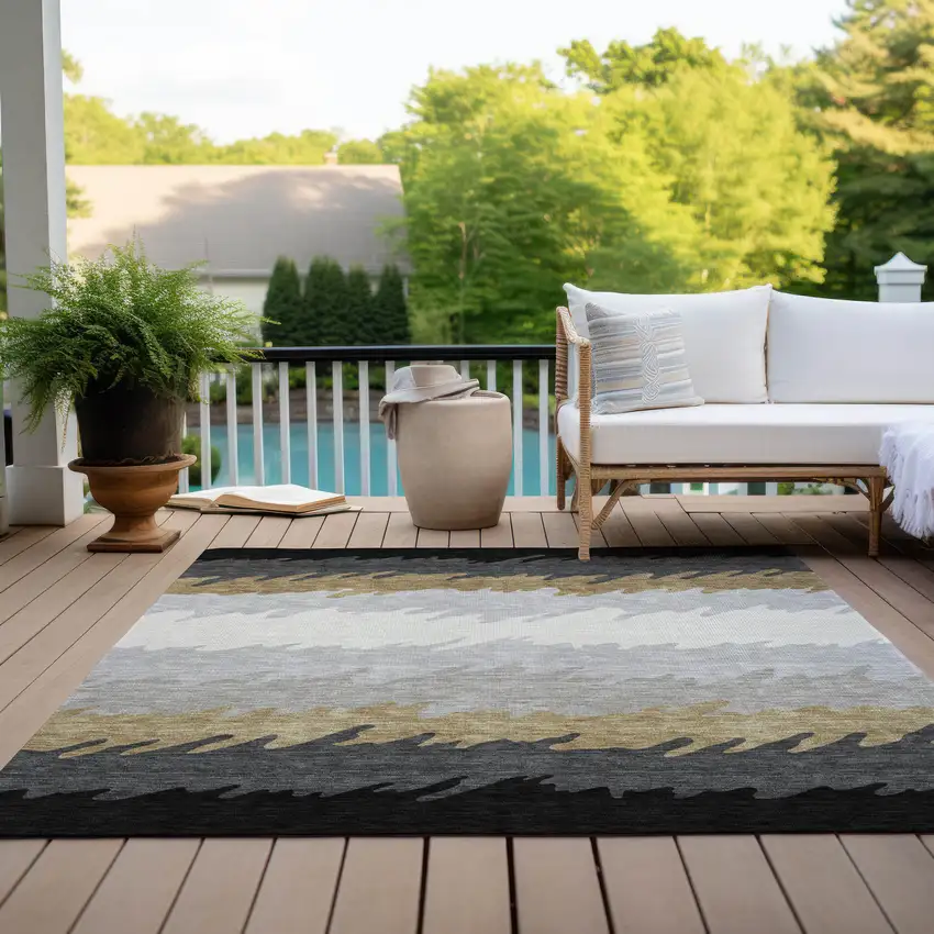 Black Charcoal And Silver Striped Washable Indoor Outdoor Area Rug Photo 9