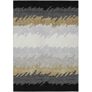 Photo of Black Charcoal And Silver Striped Washable Indoor Outdoor Area Rug