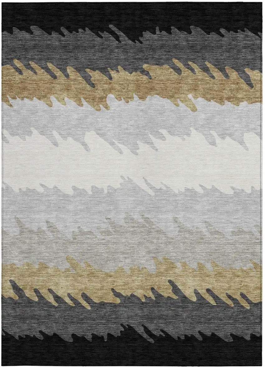 Black Charcoal And Silver Striped Washable Indoor Outdoor Area Rug Photo 5