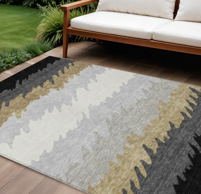 Black Charcoal And Silver Striped Washable Indoor Outdoor Area Rug Photo 1