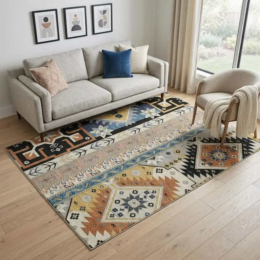 Black Copper And Gold Southwestern Washable Area Rug With UV Protection Photo 1