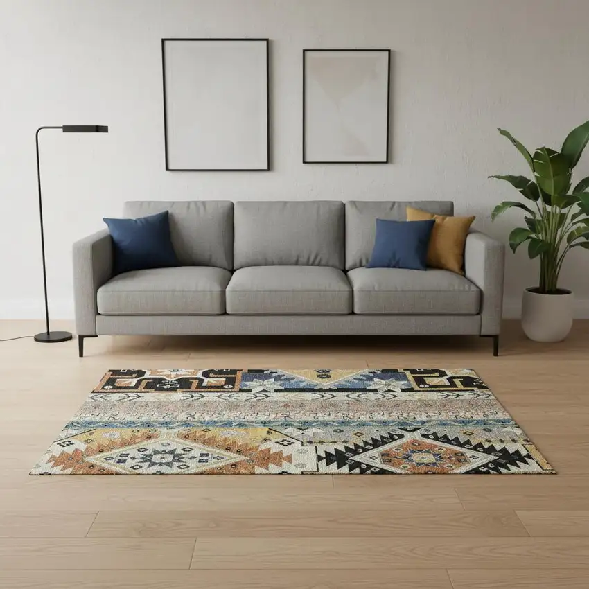 Black Copper And Gold Southwestern Washable Area Rug With UV Protection Photo 2