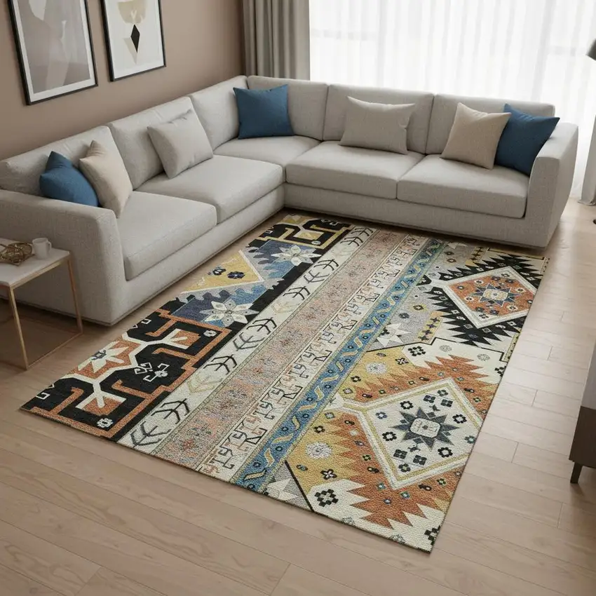 Black Copper And Gold Southwestern Washable Area Rug With UV Protection Photo 2