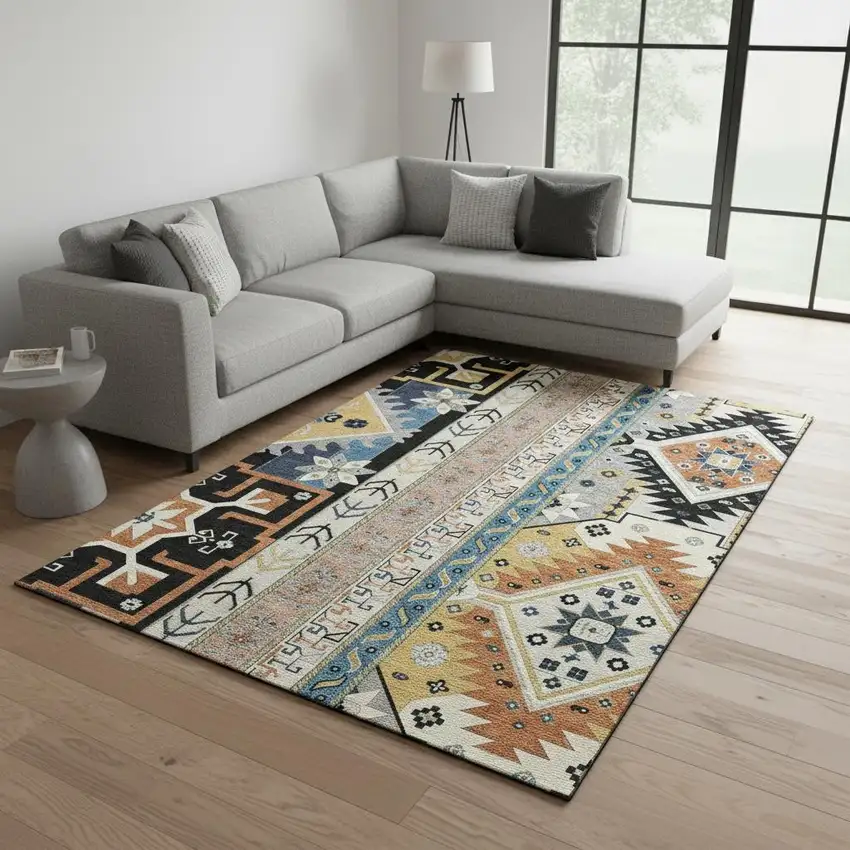 Black Copper And Gold Southwestern Washable Area Rug With UV Protection Photo 2