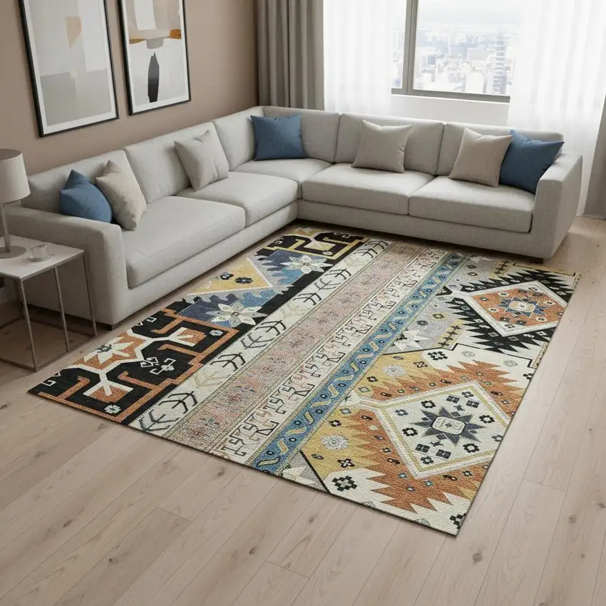 Black Copper And Gold Southwestern Washable Area Rug With UV Protection Photo 2