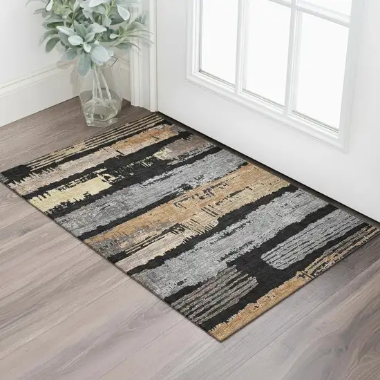 Black Copper And Gold Striped Washable Area Rug With UV Protection Photo 2