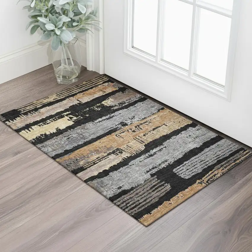 Black Copper And Gold Striped Washable Area Rug With UV Protection Photo 2