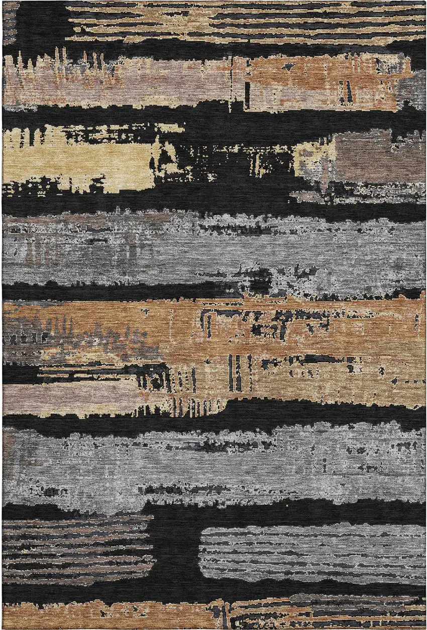 Black Copper And Gold Striped Washable Area Rug With UV Protection Photo 1