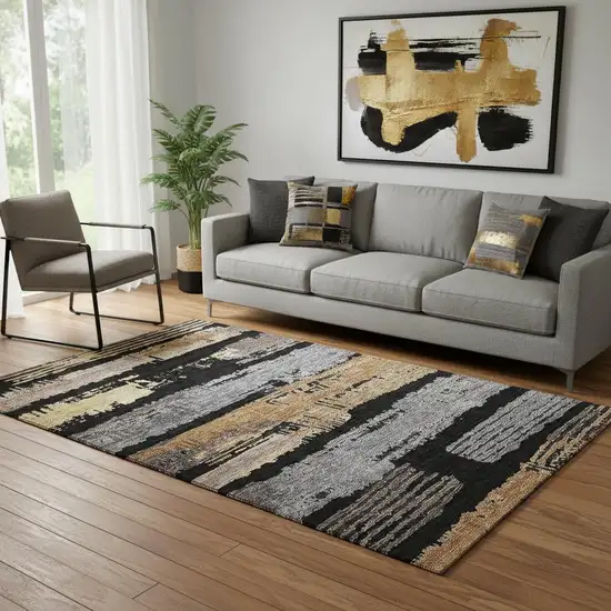 Black Copper And Gold Striped Washable Area Rug With UV Protection Photo 2