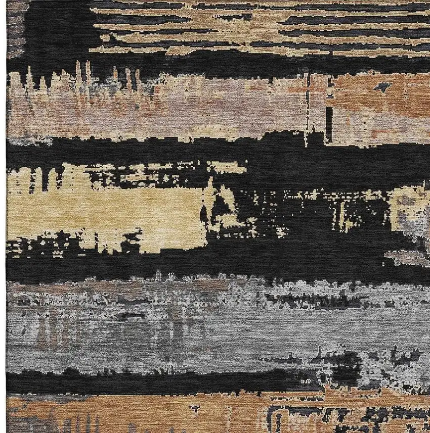 Black Copper And Gold Striped Washable Area Rug With UV Protection Photo 2