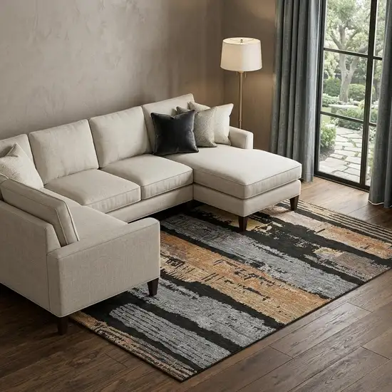 Black Copper And Gold Striped Washable Area Rug With UV Protection Photo 1