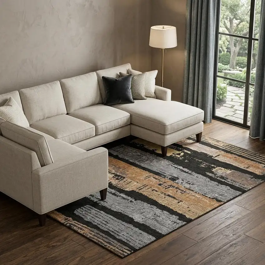 Black Copper And Gold Striped Washable Area Rug With UV Protection Photo 1