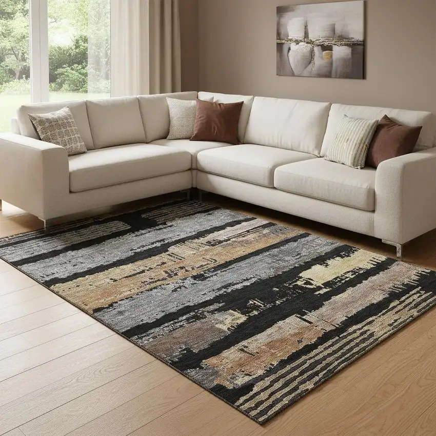 Black Copper And Gold Striped Washable Area Rug With UV Protection Photo 2