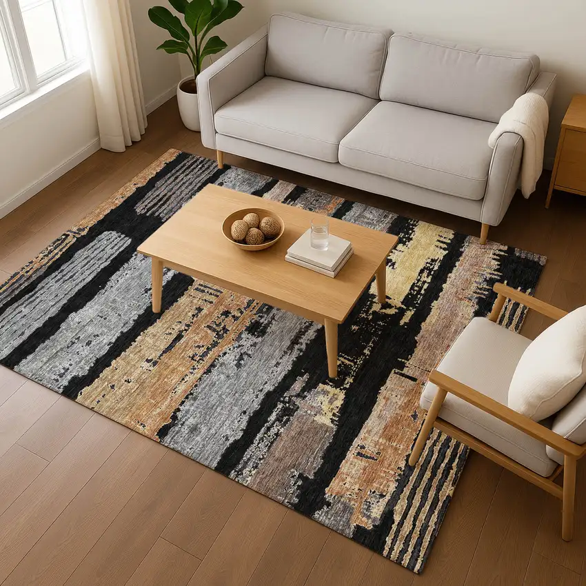 Black Copper And Gold Striped Washable Area Rug With UV Protection Photo 3