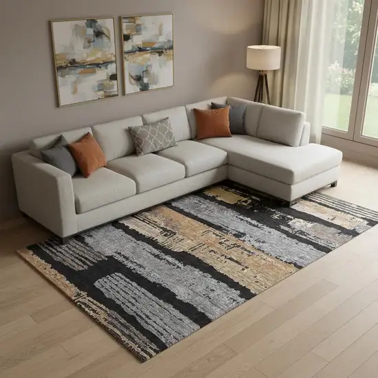 Black Copper And Gold Striped Washable Area Rug With UV Protection Photo 2