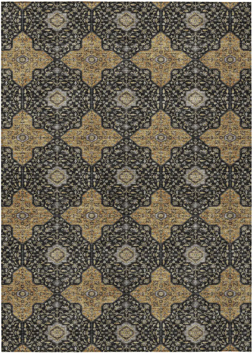Black Copper And Gray Quatrefoil Washable Indoor Outdoor Area Rug Photo 1