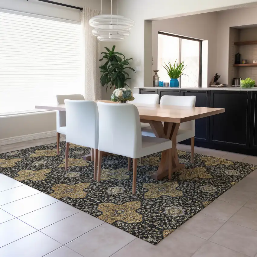 Black Copper And Gray Quatrefoil Washable Indoor Outdoor Area Rug Photo 6