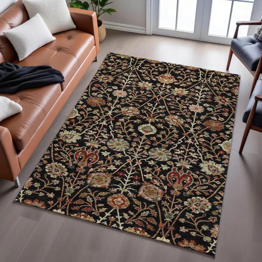 Black Copper And Red Floral Washable Area Rug With UV Protection Photo 3