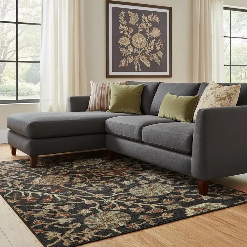 Black Copper And Red Floral Washable Area Rug With UV Protection Photo 2