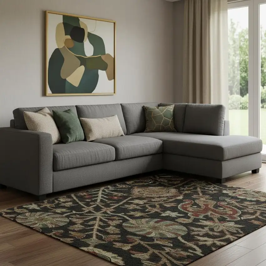 Black Copper And Red Floral Washable Area Rug With UV Protection Photo 2