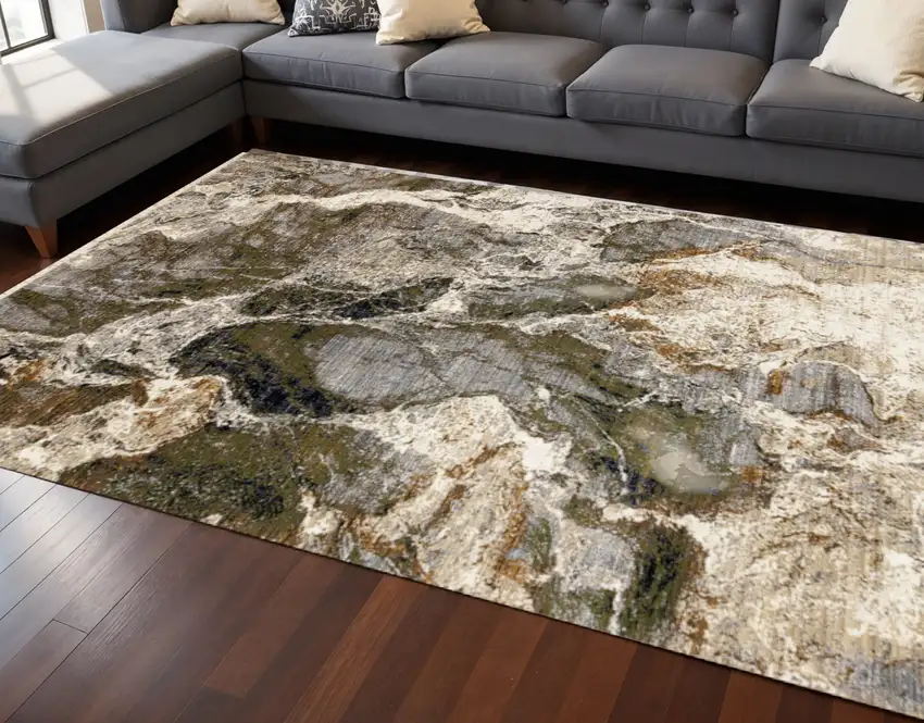 Black Dark Green And Beige Abstract Area Rug Photo 1