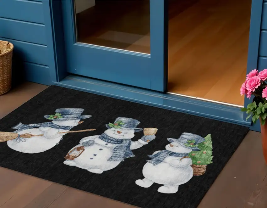 Black Denim Blue And Ivory Snowmen Washable Indoor Outdoor Area Rug Photo 1