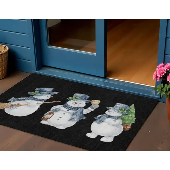Black Denim Blue And Ivory Botanical Leaves Washable Indoor Outdoor Area Rug Photo 2