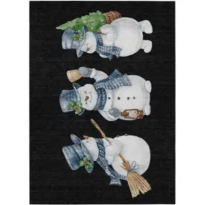 Photo of Black Denim Blue And Ivory Botanical Leaves Washable Indoor Outdoor Area Rug