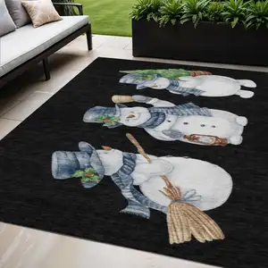 Photo of Black Denim Blue And Ivory Botanical Leaves Washable Indoor Outdoor Area Rug
