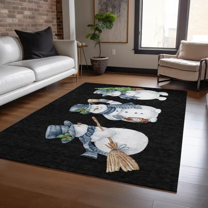 Black Denim Blue And Ivory Snowmen Washable Indoor Outdoor Area Rug Photo 6