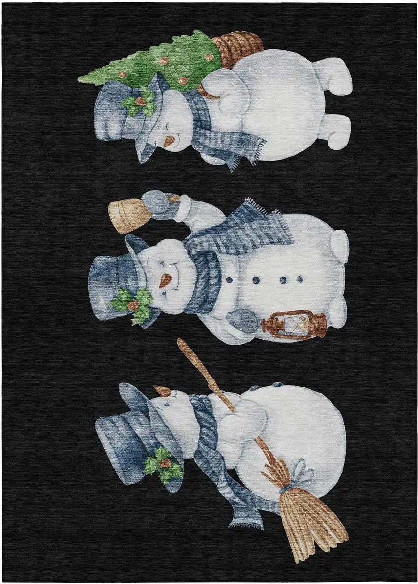 Black Denim Blue And Ivory Snowmen Washable Indoor Outdoor Area Rug Photo 2