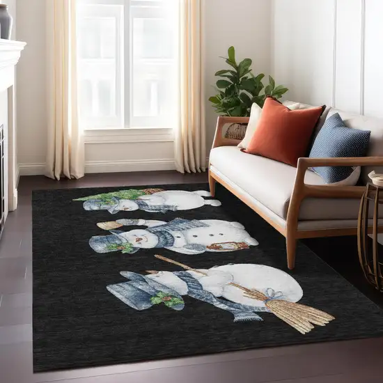 Black Denim Blue And Ivory Botanical Leaves Washable Indoor Outdoor Area Rug Photo 7