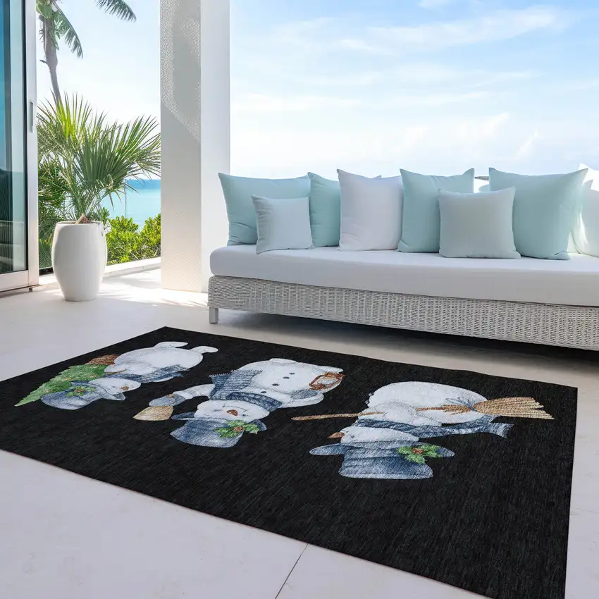 Black Denim Blue And Ivory Snowmen Washable Indoor Outdoor Area Rug Photo 5